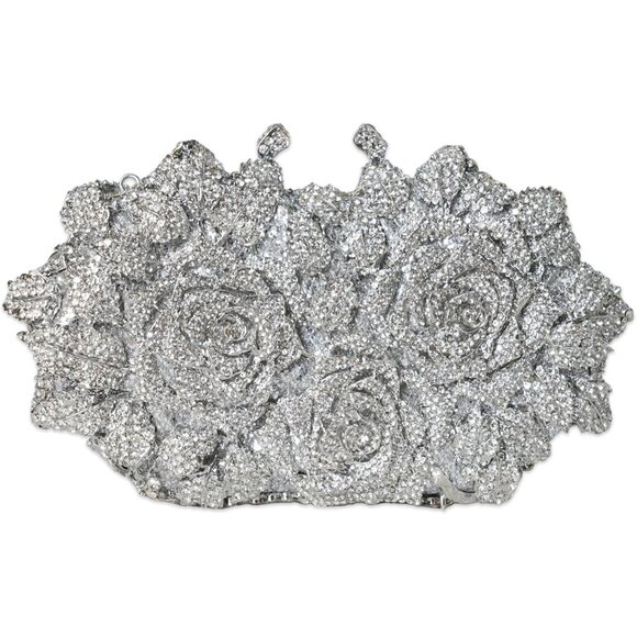 ⚡ Women's Rhinestone Sparkly Handmade Glitter Diamond Flower Silver Clutch Bag - Picture 1 of 6